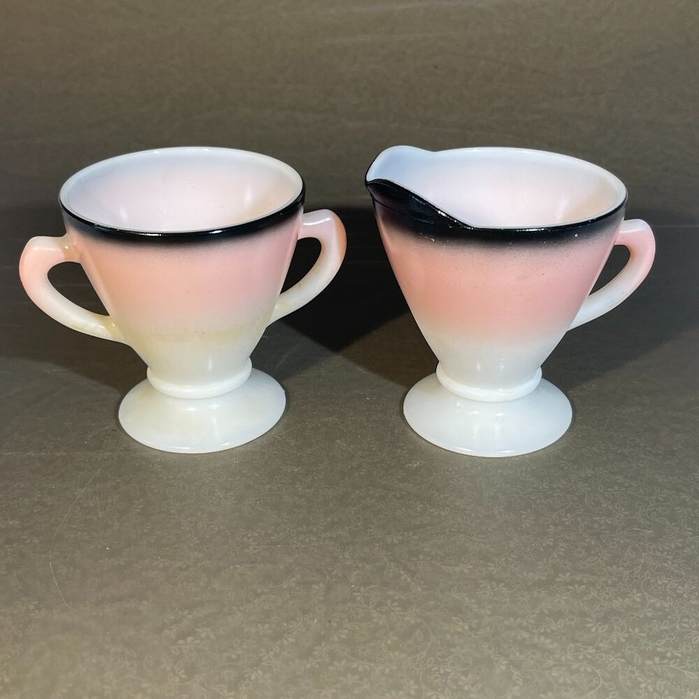 Vintage Hazel Atlas Ovide Platonite Sugar and Creamer Pink Black White (1017)